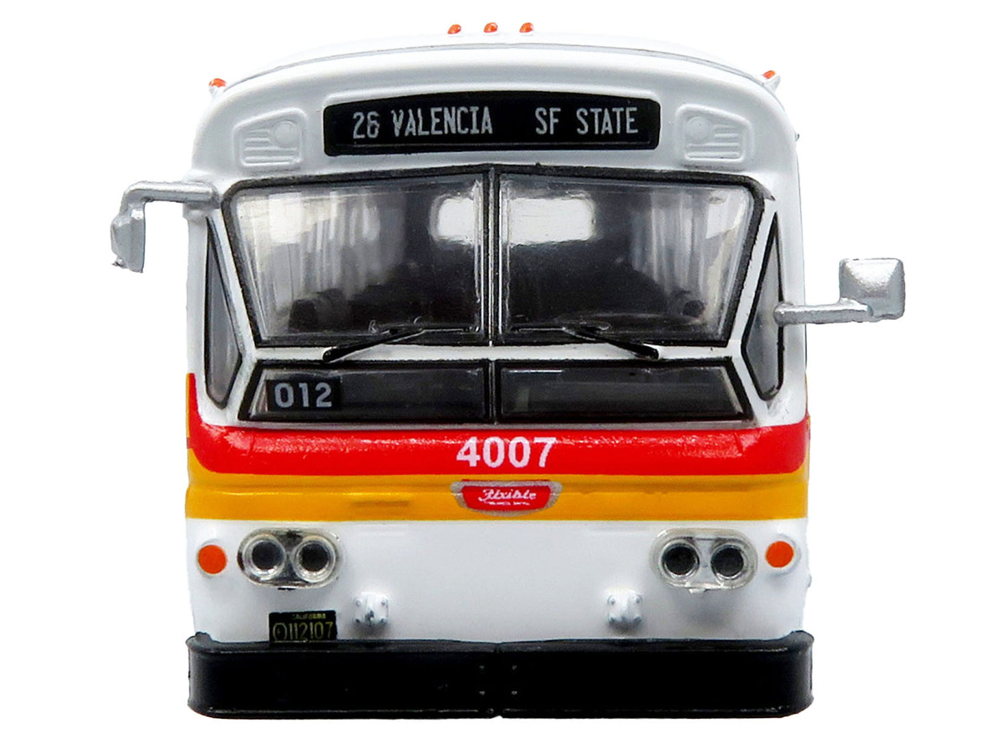 Flxible 53102 New Look Transit Bus "San Francisco MUNI - Landor Scheme" White with Red and Yellow Stripes "Vintage Bus & Motorcoach Collection" Limited Edition 1/87 (HO) Diecast Model by Iconic Replicas