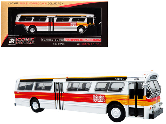 Flxible 53102 New Look Transit Bus "San Francisco MUNI - Landor Scheme" White with Red and Yellow Stripes "Vintage Bus & Motorcoach Collection" Limited Edition 1/87 (HO) Diecast Model by Iconic Replicas-DiecastModeler.com