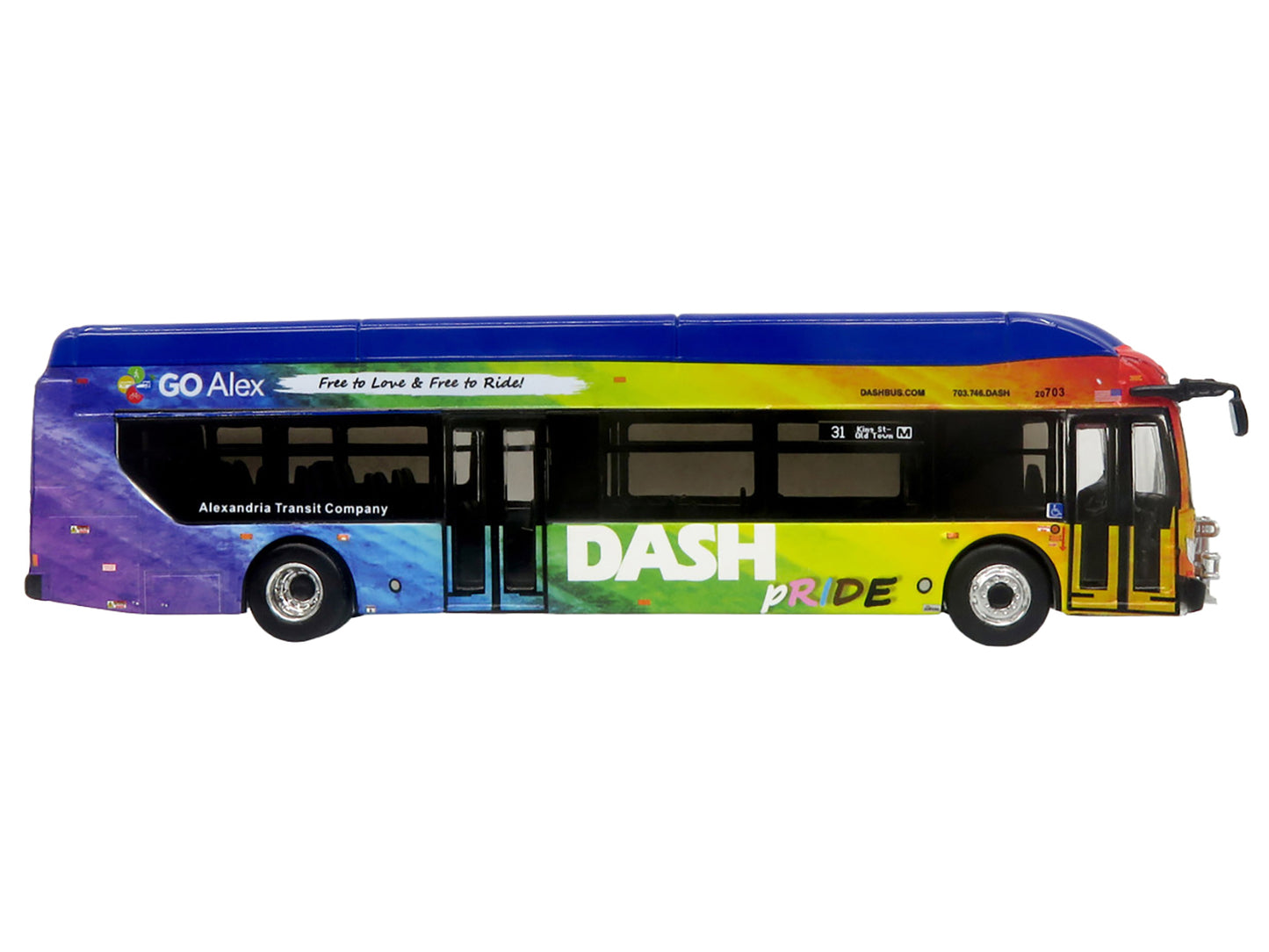 New Flyer Xcelsior XN40 Transit Bus "DASH Pride Livery" Blue with Rainbow Graphics "The Bus & Motorcoach Collection" Limited Edition 1/87 (HO) Diecast Model by Iconic Replicas