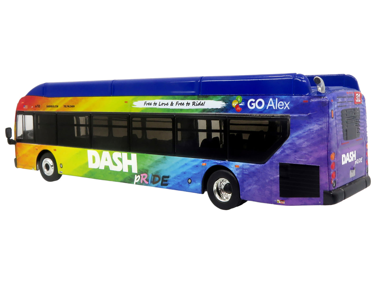 New Flyer Xcelsior XN40 Transit Bus "DASH Pride Livery" Blue with Rainbow Graphics "The Bus & Motorcoach Collection" Limited Edition 1/87 (HO) Diecast Model by Iconic Replicas