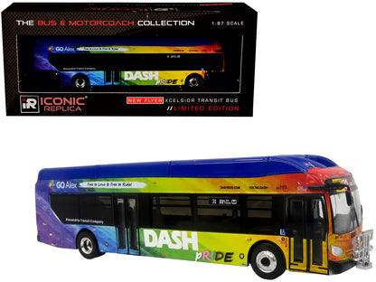 New Flyer Xcelsior XN40 Transit Bus "DASH Pride Livery" Blue with Rainbow Graphics "The Bus & Motorcoach Collection" Limited Edition 1/87 (HO) Diecast Model by Iconic Replicas