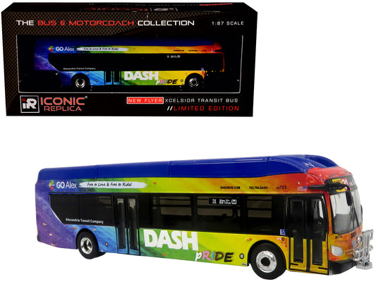 New Flyer Xcelsior XN40 Transit Bus "DASH Pride Livery" Blue with Rainbow Graphics "The Bus & Motorcoach Collection" Limited Edition 1/87 (HO) Diecast Model by Iconic Replicas