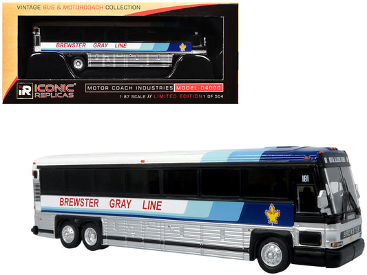 2001 MCI D4000 Coach Bus "Brewster Gray Line" White with Blue Stripes "Vintage Bus & Motorcoach Collection" Limited Edition to 504 pieces Worldwide 1/87 (HO) Diecast Model by Iconic Replicas