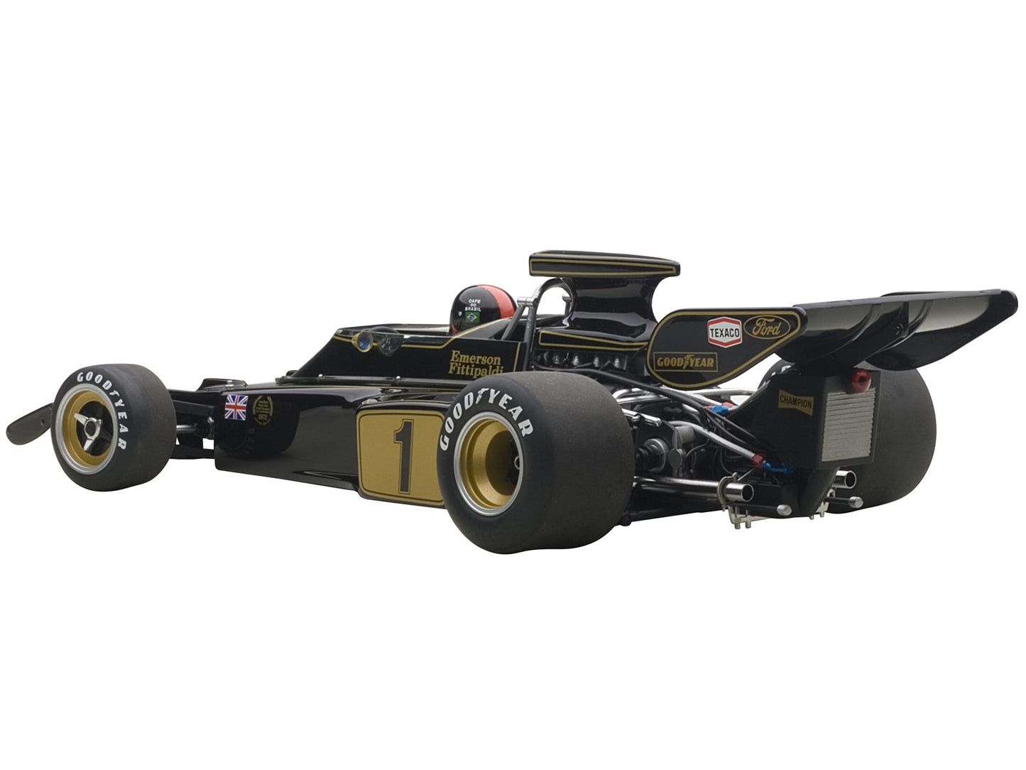 Lotus 72E 1973 Emerson Fittipaldi #1 with Driver Figure in Cockpit 1/18 Model Car by Autoart-DiecastModeler.com