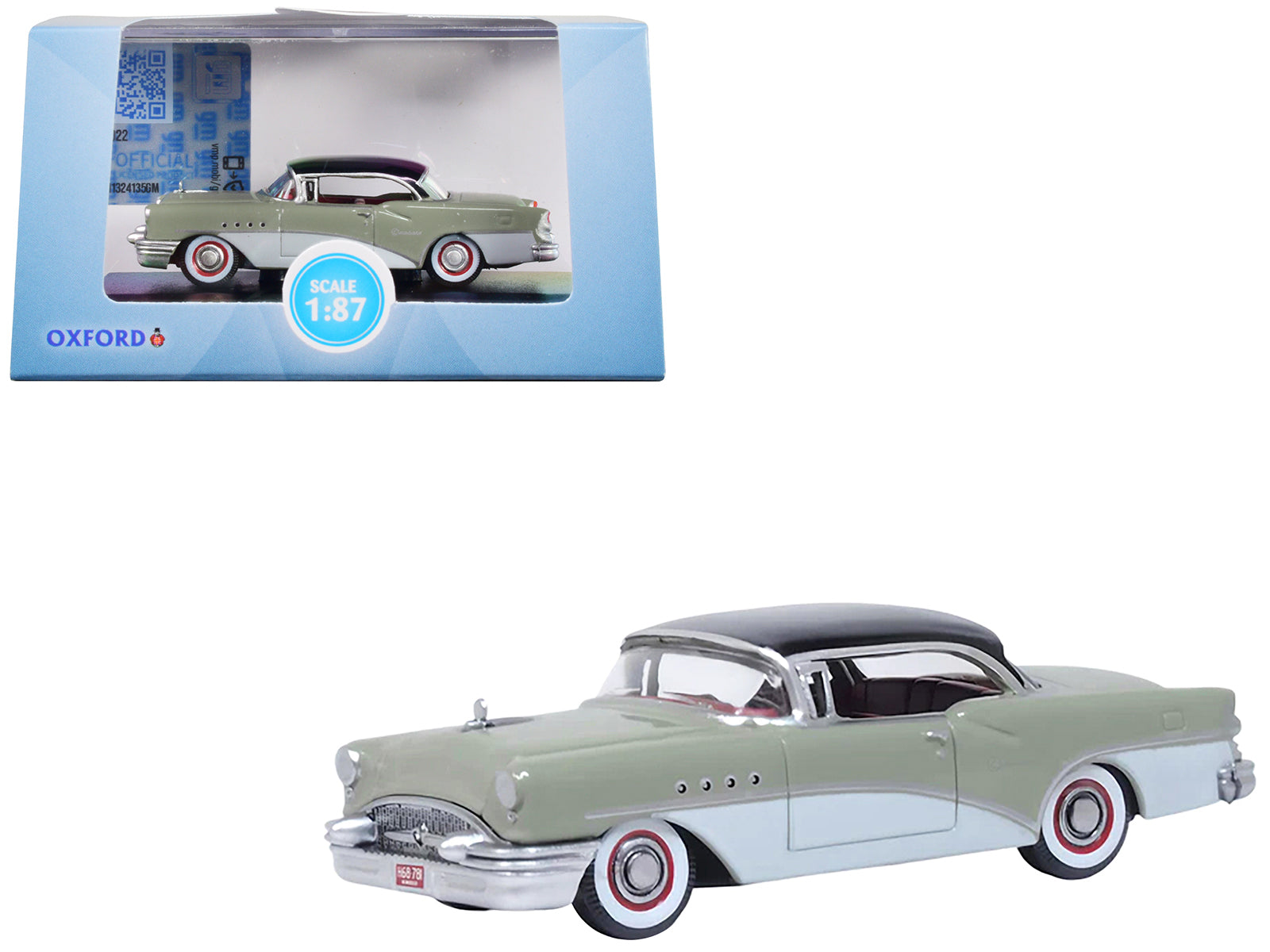 1955 Buick Century Windsor Gray and Dover White with Carlsbad Black Top 1/87 (HO) Scale Diecast Model Car by Oxford Diecast-DiecastModeler.com