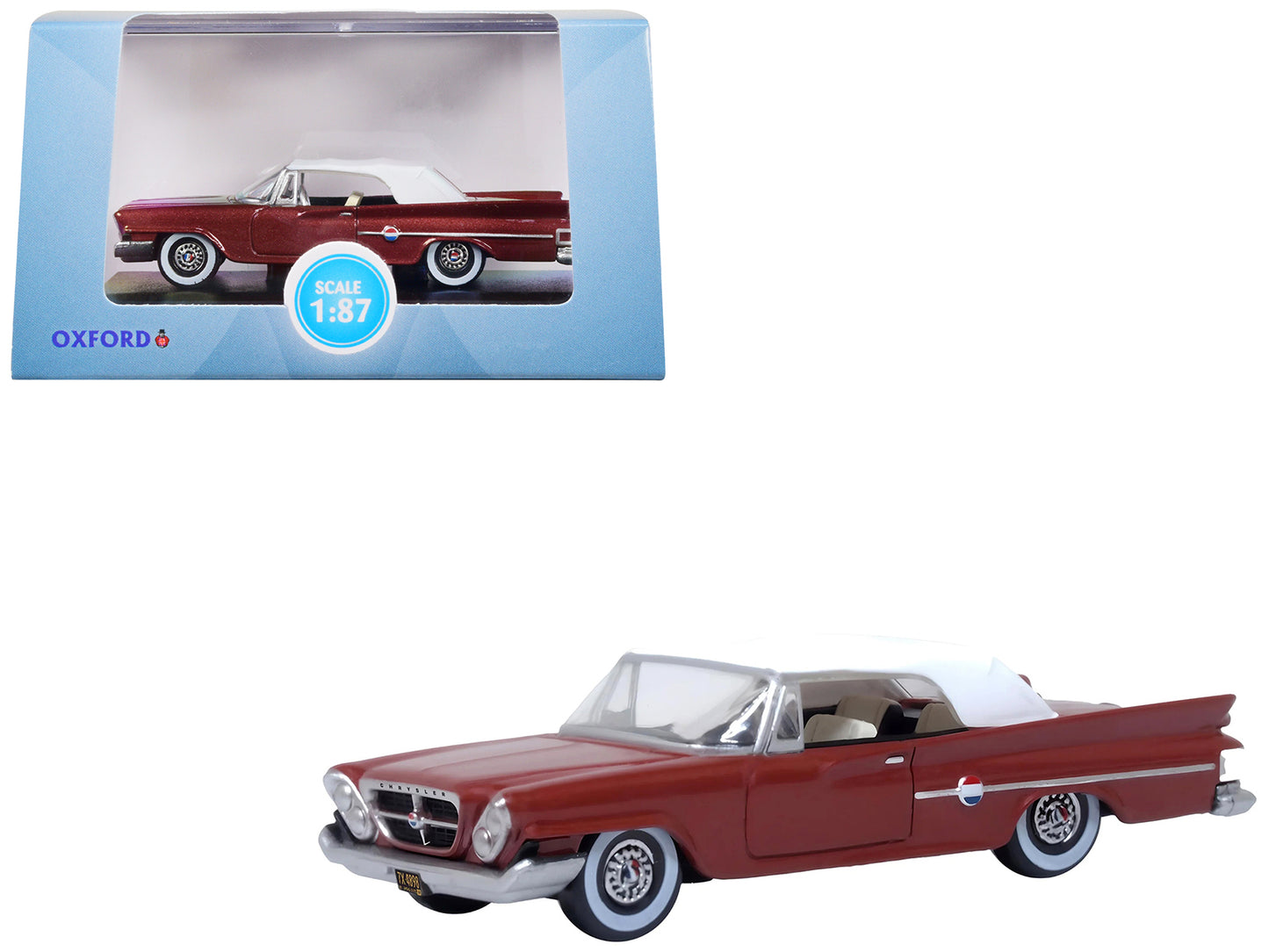 1961 Chrysler 300 Convertible (Closed Top) Cinnamon Brown Metallic with White Top 1/87 (HO) Scale Diecast Model Car by Oxford Diecast-DiecastModeler.com