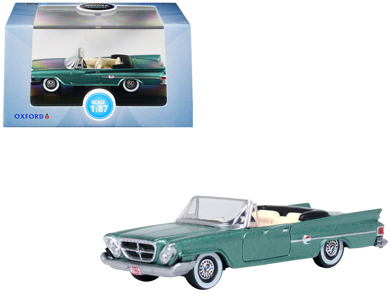 1961 Chrysler 300 Convertible Pinewood Green Metallic 1/87 (HO) Scale Diecast Model Car by Oxford Diecast-DiecastModeler.com