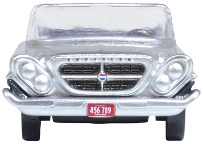 1961 Chrysler 300G Convertible Sheffield Silver Metallic 1/87 (HO) Scale Diecast Model Car by Oxford Diecast-DiecastModeler.com