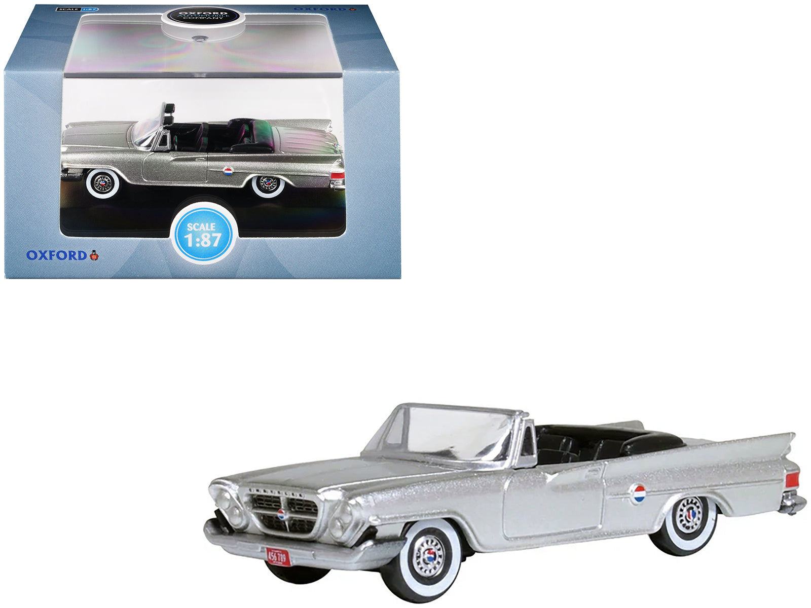 1961 Chrysler 300G Convertible Sheffield Silver Metallic 1/87 (HO) Scale Diecast Model Car by Oxford Diecast-DiecastModeler.com