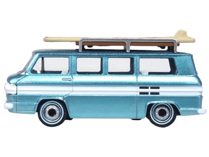 1961 Chevrolet Corvair Greenbrier Passenger Wagon Van Turquoise Metallic and Cameo White with Surfboards on Roof 1/87 (HO) Scale Diecast Model Car by Oxford Diecast