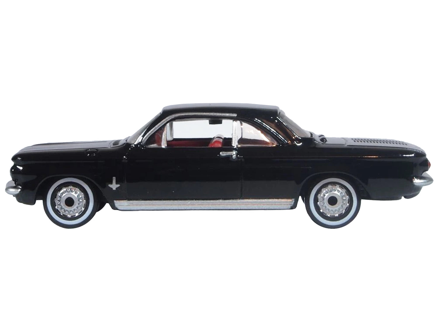 1963 Chevrolet Corvair Coupe Tuxedo Black with Red Interior  1/87 (HO) Scale Diecast Model Car by Oxford Diecast-DiecastModeler.com