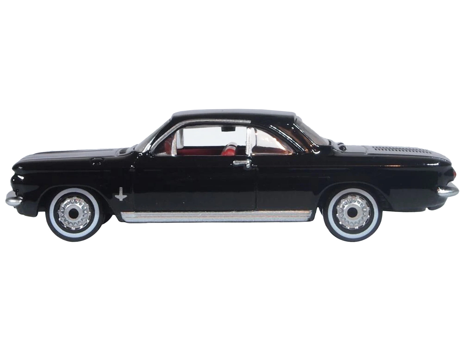 1963 Chevrolet Corvair Coupe Tuxedo Black with Red Interior  1/87 (HO) Scale Diecast Model Car by Oxford Diecast-DiecastModeler.com