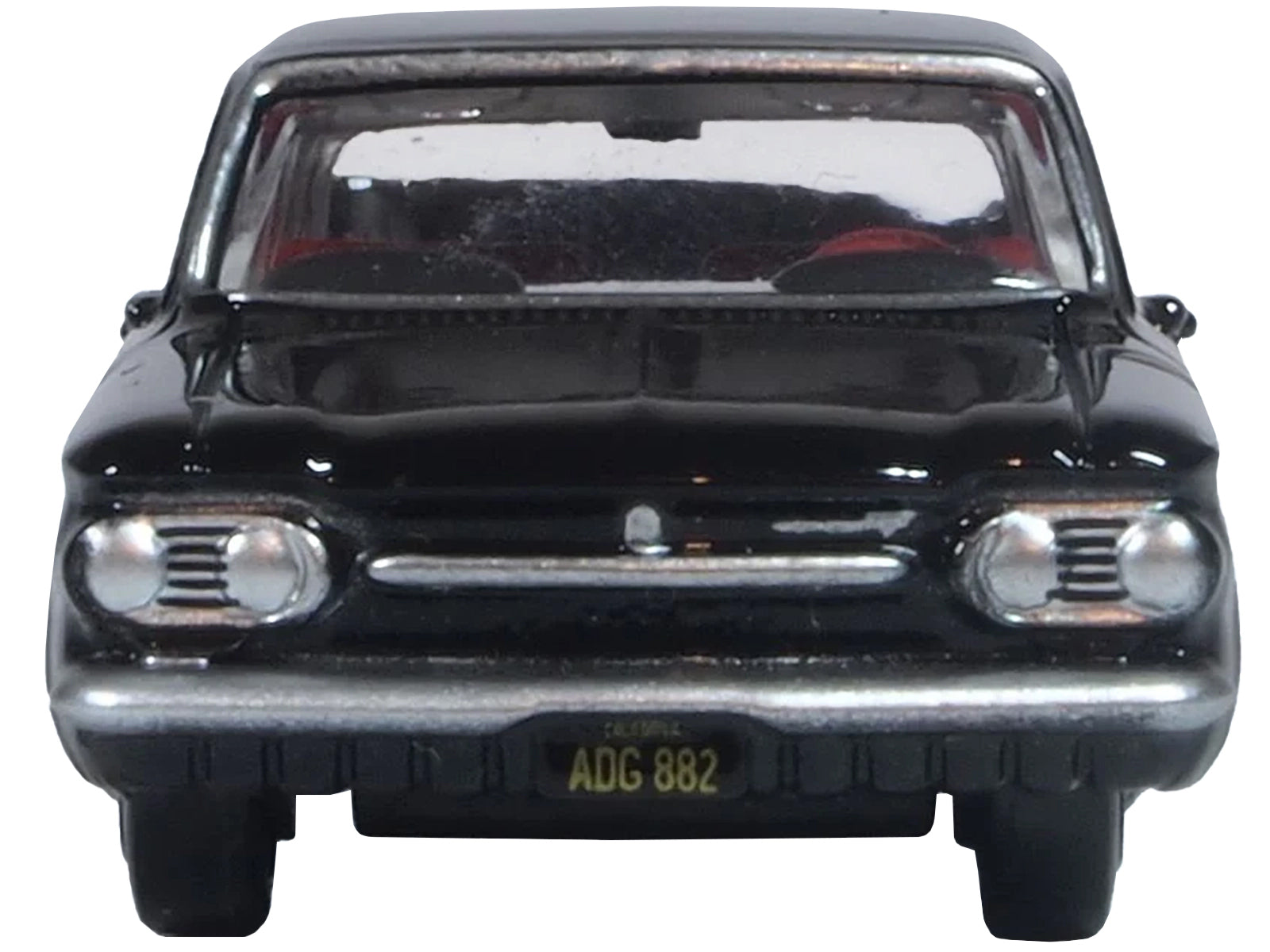 1963 Chevrolet Corvair Coupe Tuxedo Black with Red Interior  1/87 (HO) Scale Diecast Model Car by Oxford Diecast-DiecastModeler.com