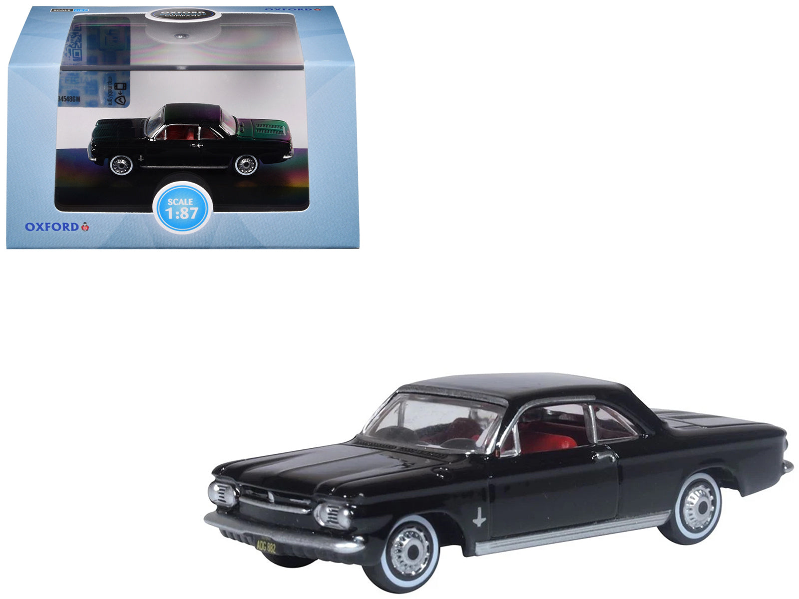 1963 Chevrolet Corvair Coupe Tuxedo Black with Red Interior  1/87 (HO) Scale Diecast Model Car by Oxford Diecast-DiecastModeler.com