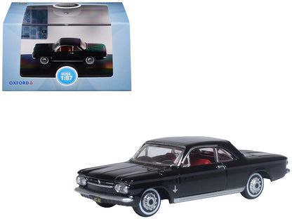 1963 Chevrolet Corvair Coupe Tuxedo Black with Red Interior  1/87 (HO) Scale Diecast Model Car by Oxford Diecast-DiecastModeler.com