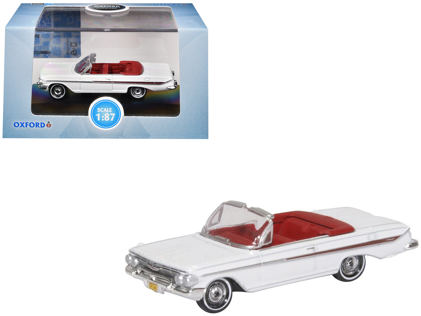 1961 Chevrolet Impala Convertible Ermine White with Roman Red Interior 1/87 (HO) Scale Diecast Model Car by Oxford Diecast-DiecastModeler.com