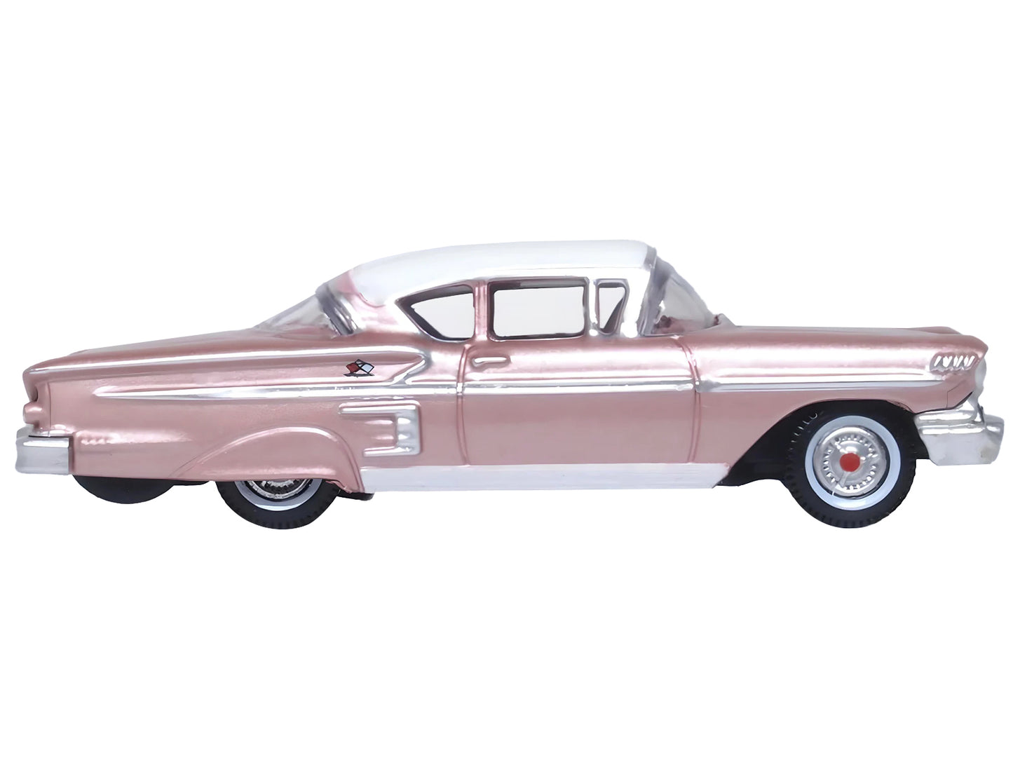 1958 Chevrolet Impala Sport Cay Coral Pink Metallic with White Top 1/87 (HO) Scale Diecast Model Car by Oxford Diecast-DiecastModeler.com