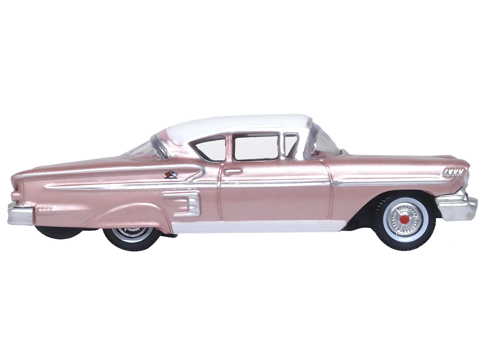 1958 Chevrolet Impala Sport Cay Coral Pink Metallic with White Top 1/87 (HO) Scale Diecast Model Car by Oxford Diecast-DiecastModeler.com