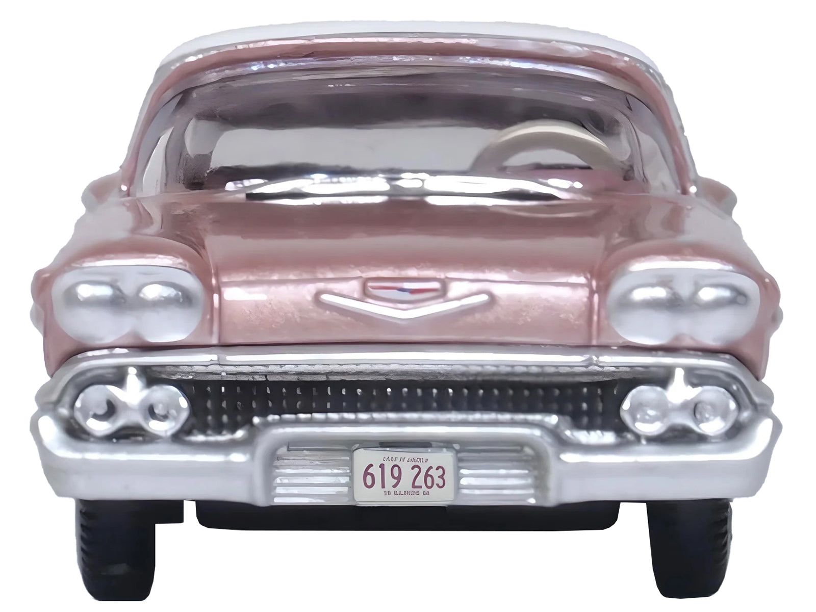 1958 Chevrolet Impala Sport Cay Coral Pink Metallic with White Top 1/87 (HO) Scale Diecast Model Car by Oxford Diecast-DiecastModeler.com