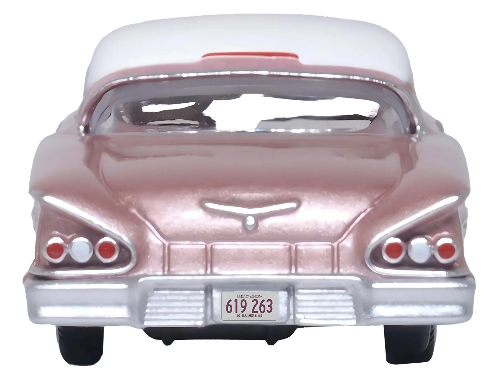 1958 Chevrolet Impala Sport Cay Coral Pink Metallic with White Top 1/87 (HO) Scale Diecast Model Car by Oxford Diecast-DiecastModeler.com
