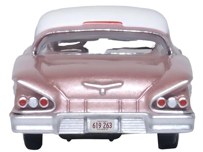 1958 Chevrolet Impala Sport Cay Coral Pink Metallic with White Top 1/87 (HO) Scale Diecast Model Car by Oxford Diecast-DiecastModeler.com