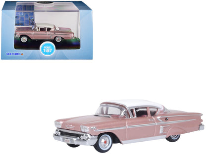 1958 Chevrolet Impala Sport Cay Coral Pink Metallic with White Top 1/87 (HO) Scale Diecast Model Car by Oxford Diecast-DiecastModeler.com