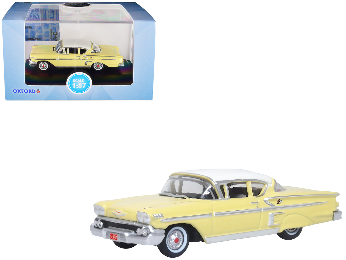 1958 Chevrolet Impala Sport Colonial Cream with Snowcrest White Top 1/87 (HO) Scale Diecast Model Car by Oxford Diecast-DiecastModeler.com