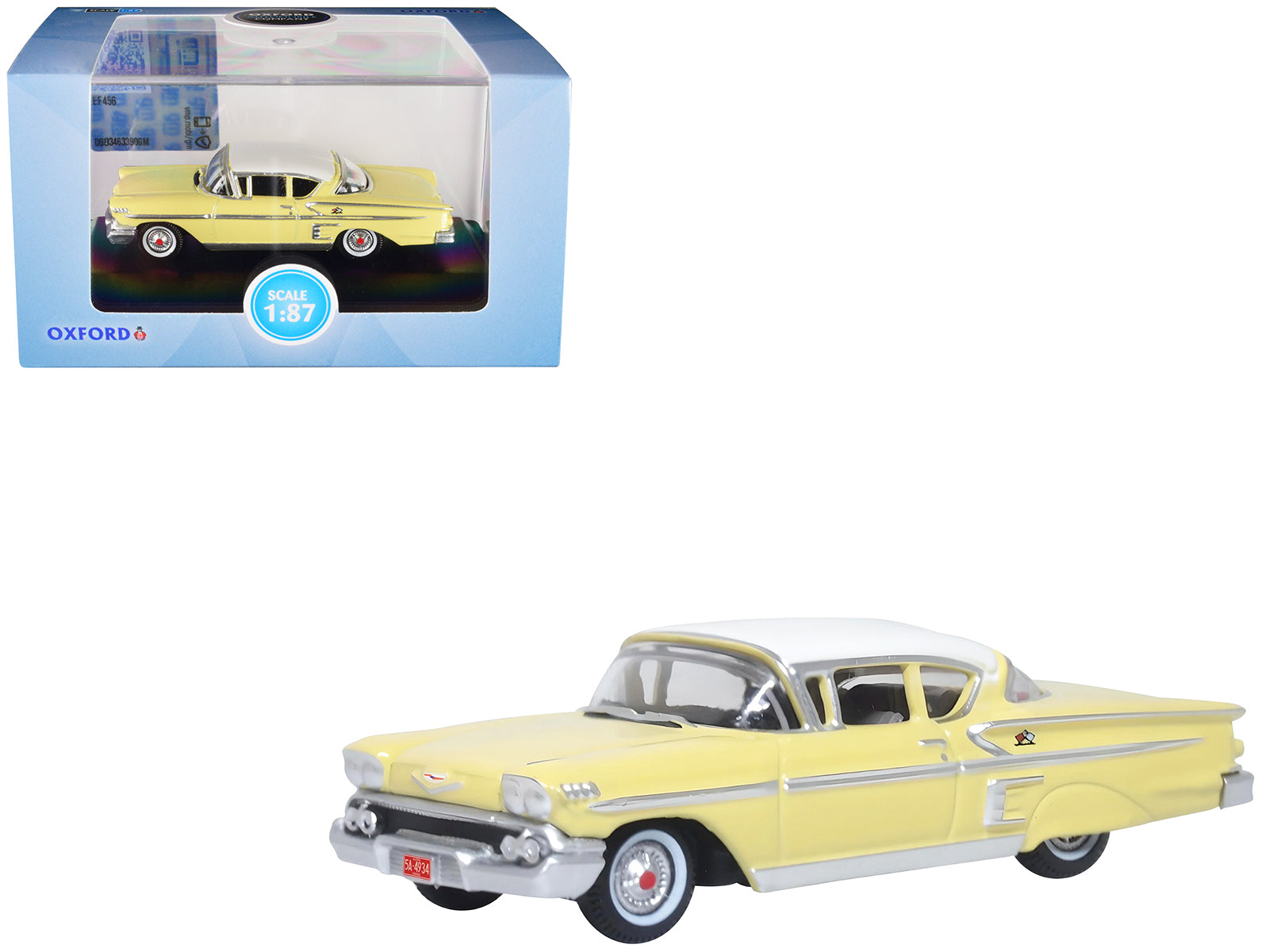 1958 Chevrolet Impala Sport Colonial Cream with Snowcrest White Top 1/87 (HO) Scale Diecast Model Car by Oxford Diecast-DiecastModeler.com