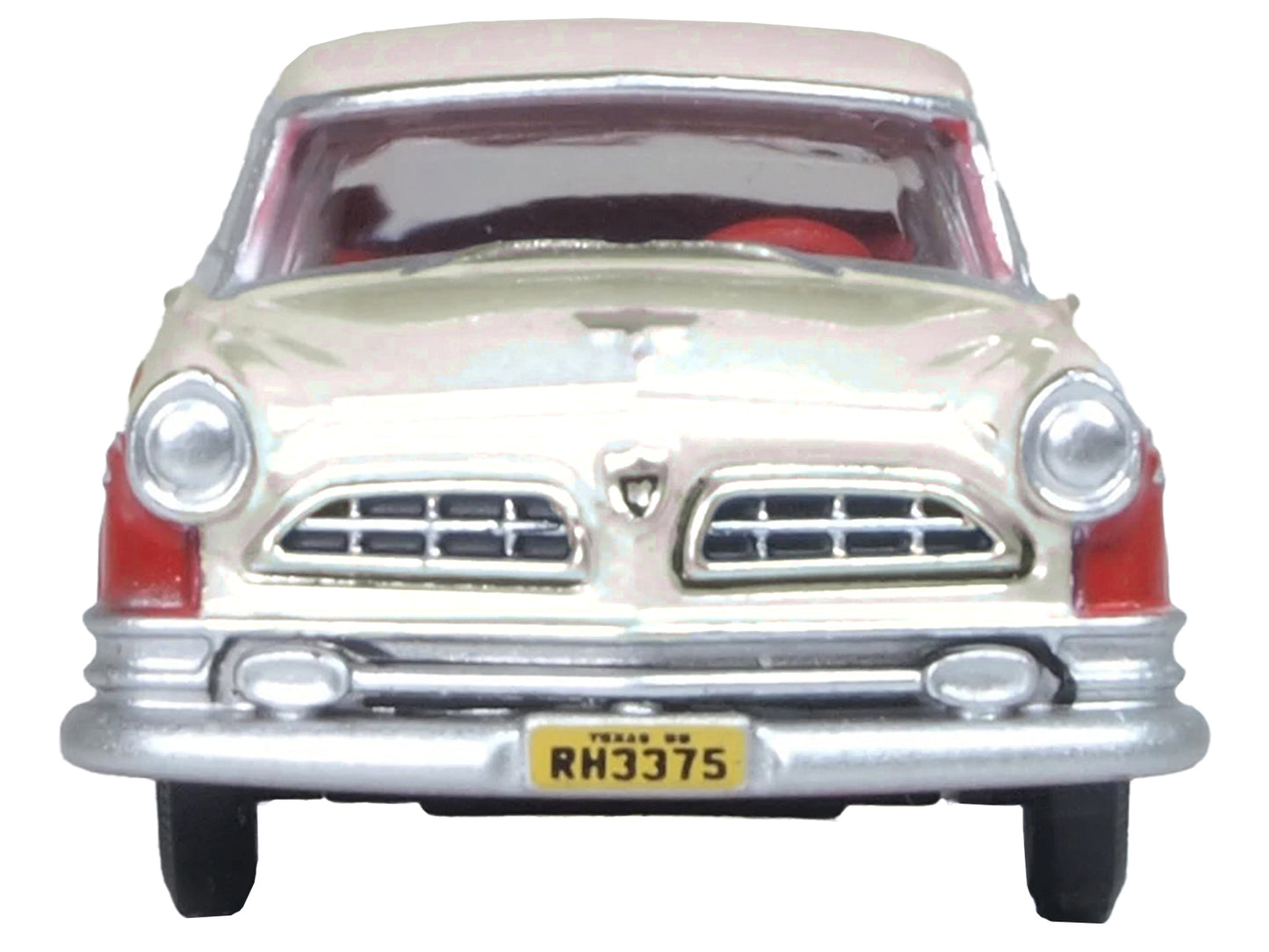 1955 Chrysler New Yorker Deluxe St. Regis Tango Red and Platinum Metallic 1/87 (HO) Scale Diecast Model Car by Oxford Diecast-DiecastModeler.com