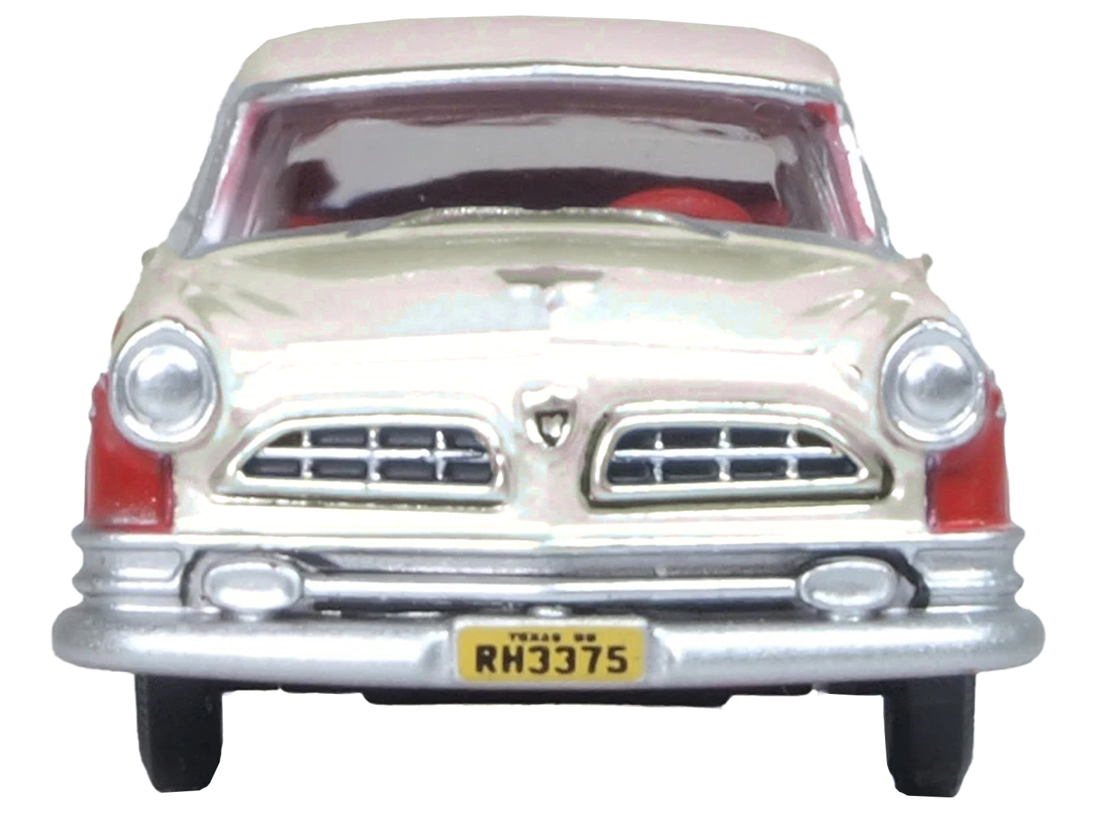 1955 Chrysler New Yorker Deluxe St. Regis Tango Red and Platinum Metallic 1/87 (HO) Scale Diecast Model Car by Oxford Diecast-DiecastModeler.com