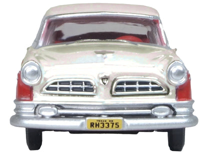 1955 Chrysler New Yorker Deluxe St. Regis Tango Red and Platinum Metallic 1/87 (HO) Scale Diecast Model Car by Oxford Diecast-DiecastModeler.com