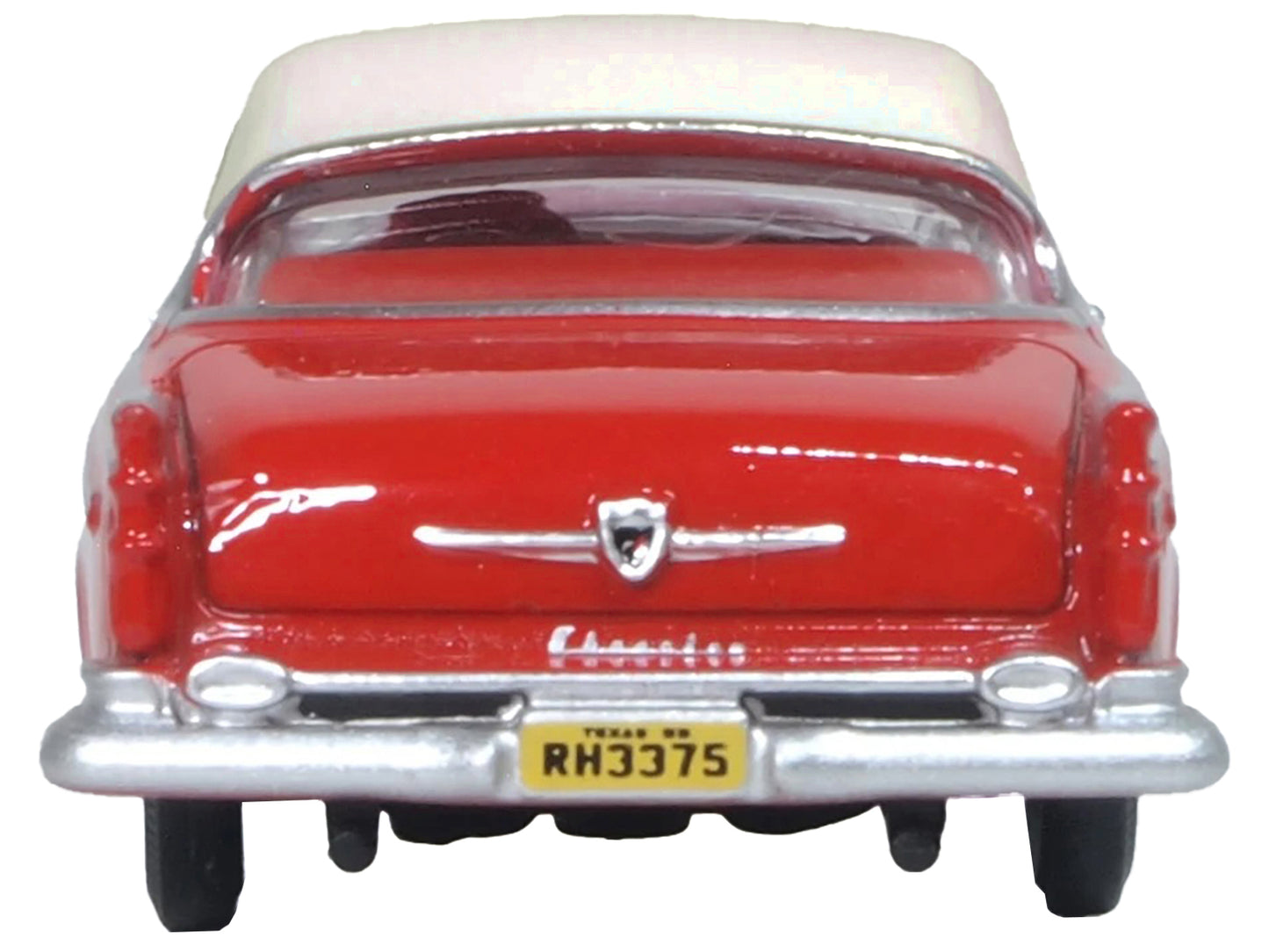 1955 Chrysler New Yorker Deluxe St. Regis Tango Red and Platinum Metallic 1/87 (HO) Scale Diecast Model Car by Oxford Diecast-DiecastModeler.com