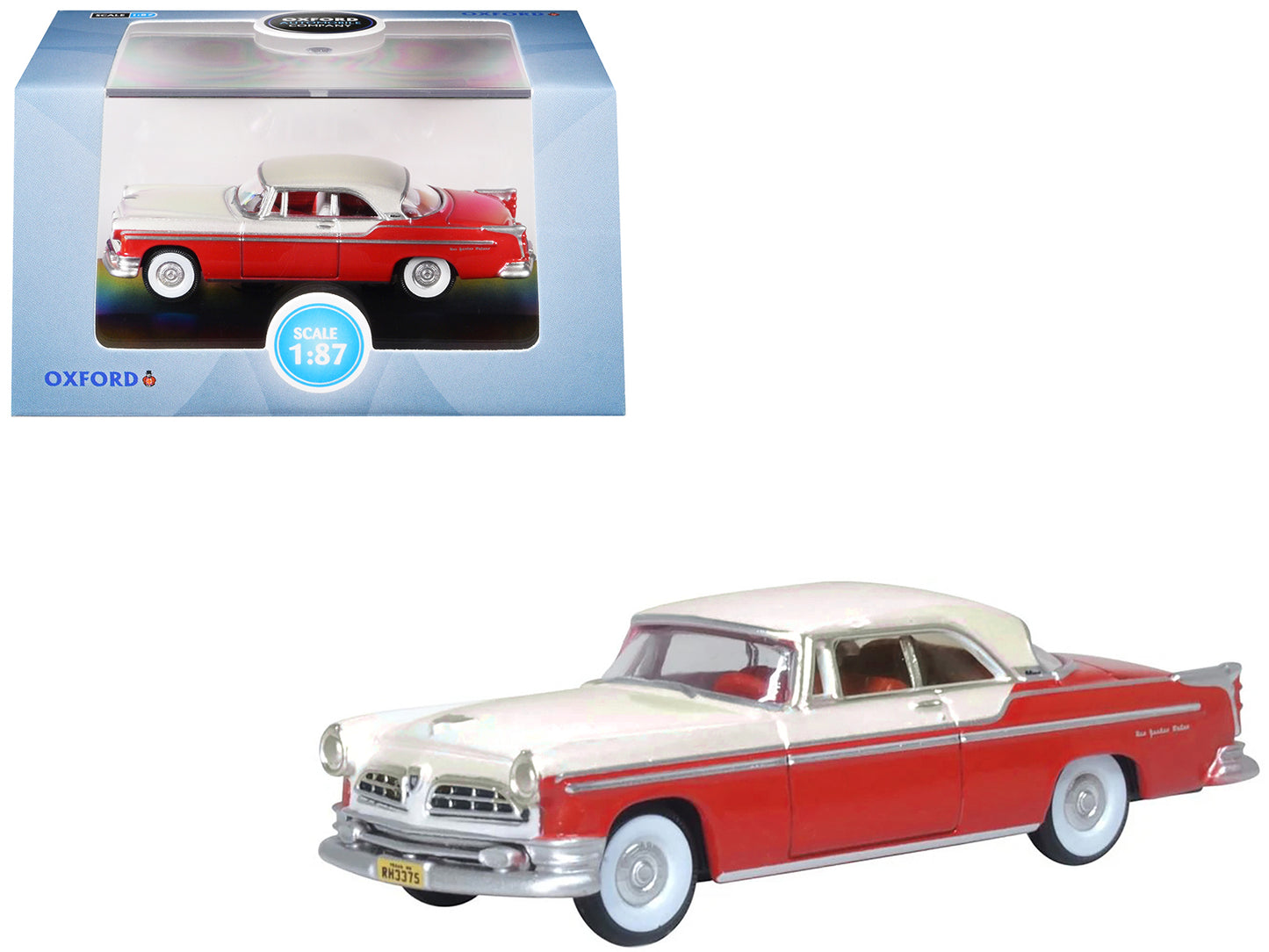 1955 Chrysler New Yorker Deluxe St. Regis Tango Red and Platinum Metallic 1/87 (HO) Scale Diecast Model Car by Oxford Diecast-DiecastModeler.com