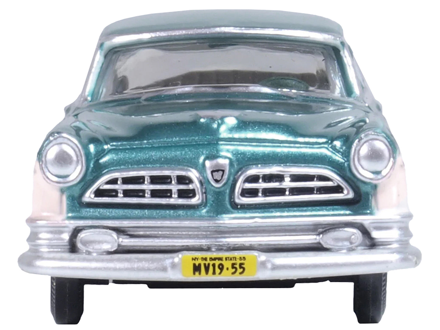 1955 Chrysler New Yorker Deluxe St. Regis Jade Green Metallic and Cream 1/87 (HO) Scale Diecast Model Car by Oxford Diecast