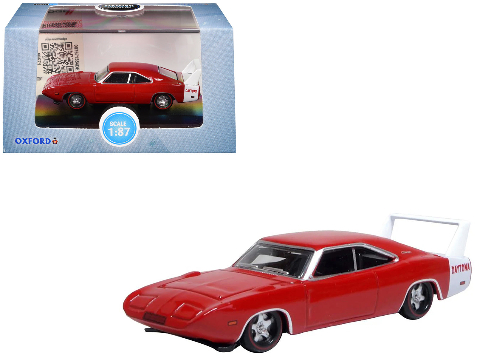 1969 Dodge Charger Daytona Red with White Stripe 1/87 (HO) Scale Diecast Model Car by Oxford Diecast-DiecastModeler.com