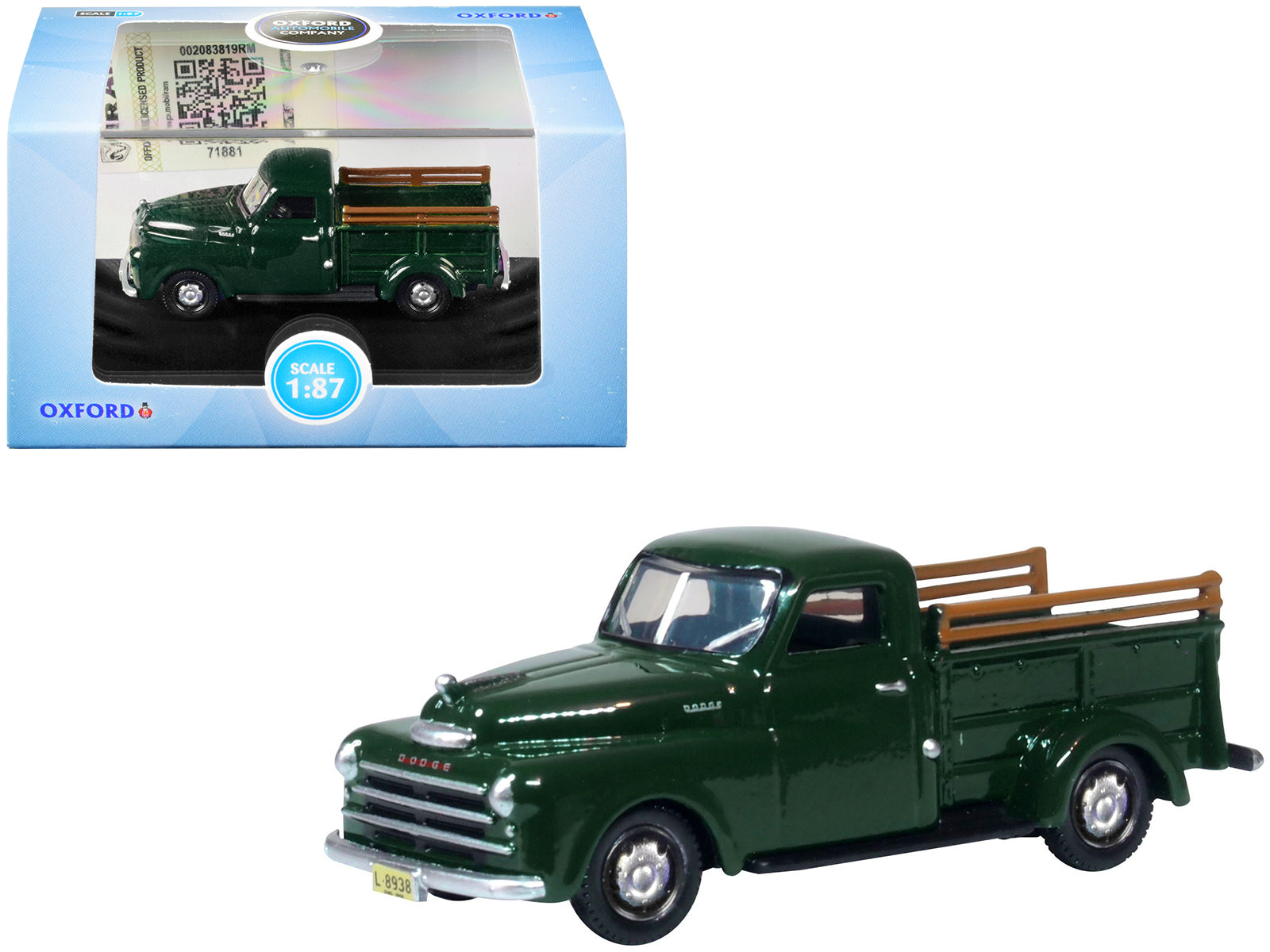 1948 Dodge B-1B Pickup Truck Dark Green 1/87 (HO) Scale Diecast Model Car by Oxford Diecast-DiecastModeler.com