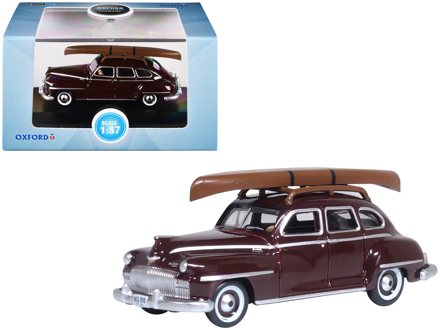 1946 DeSoto Suburban with Roof Rack and Canoe Royal Maroon 1/87 (HO) Scale Diecast Model Car by Oxford Diecast-DiecastModeler.com