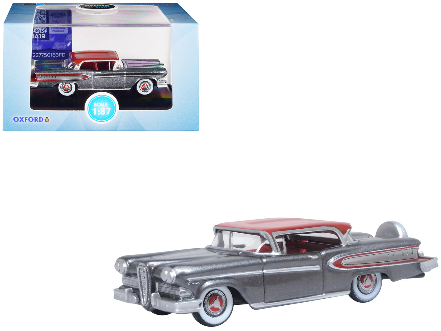 1958 Edsel Citation Silver Gray Metallic with Ember Red Top and Red Interior 1/87 (HO) Scale Diecast Model Car by Oxford Diecast-DiecastModeler.com