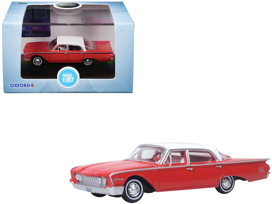 1960 Ford Fairlane Sedan 500 Monte Carlo Red with Corinthian White Top and Interior 1/87 (HO) Scale Diecast Model Car by Oxford Diecast-DiecastModeler.com