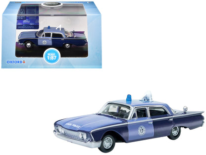 1960 Ford Fairlane Sedan "Massachusetts State Police Radar Car" Blue Two-Tone 1/87 (HO) Scale Diecast Model Car by Oxford Diecast-DiecastModeler.com