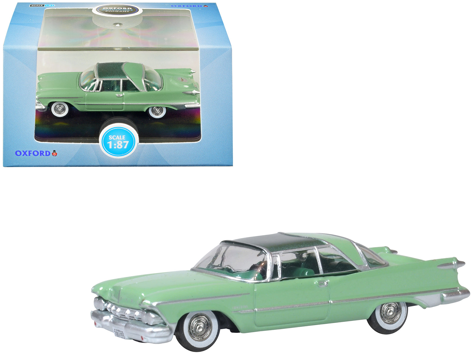 1959 Chrysler Imperial Crown 2 Door Hardtop Highland Green and Ballad Green 1/87 (HO) Scale Diecast Model Car by Oxford Diecast-DiecastModeler.com