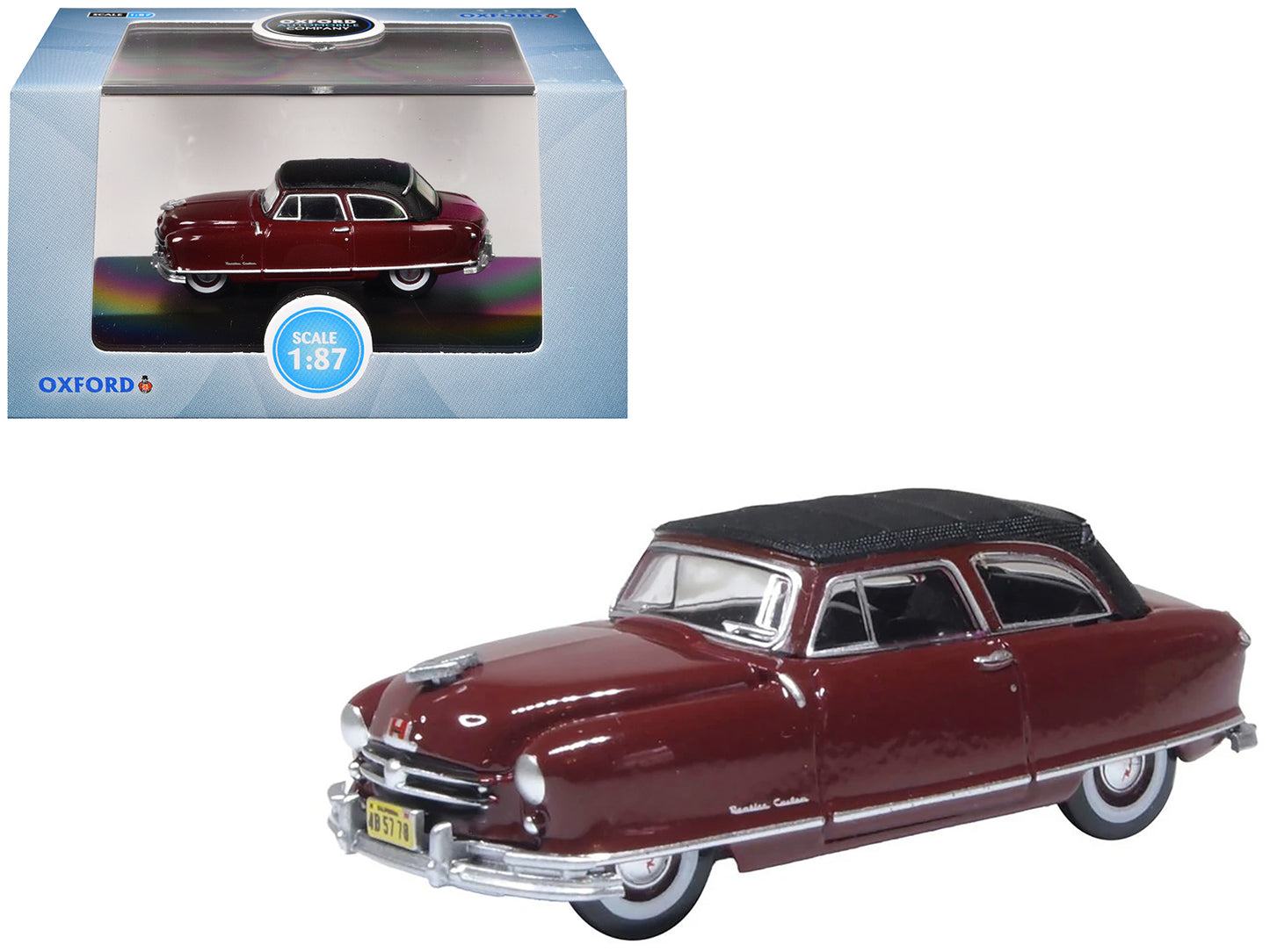1950 Nash Rambler Custom Landau Convertible (Closed) Sunset Maroon with Black Top 1/87 (HO) Scale Diecast Model Car by Oxford Diecast-DiecastModeler.com