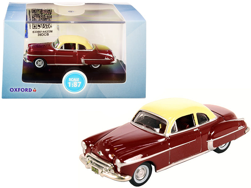 1950 Oldsmobile Rocket 88 Coupe Chariot Red with Canto Cream Top 1/87 (HO) Scale Diecast Model Car by Oxford Diecast-DiecastModeler.com