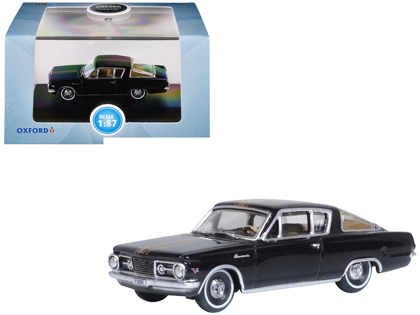 1965 Plymouth Barracuda Black with Gold Stripes 1/87 (HO) Scale Diecast Model Car by Oxford Diecast