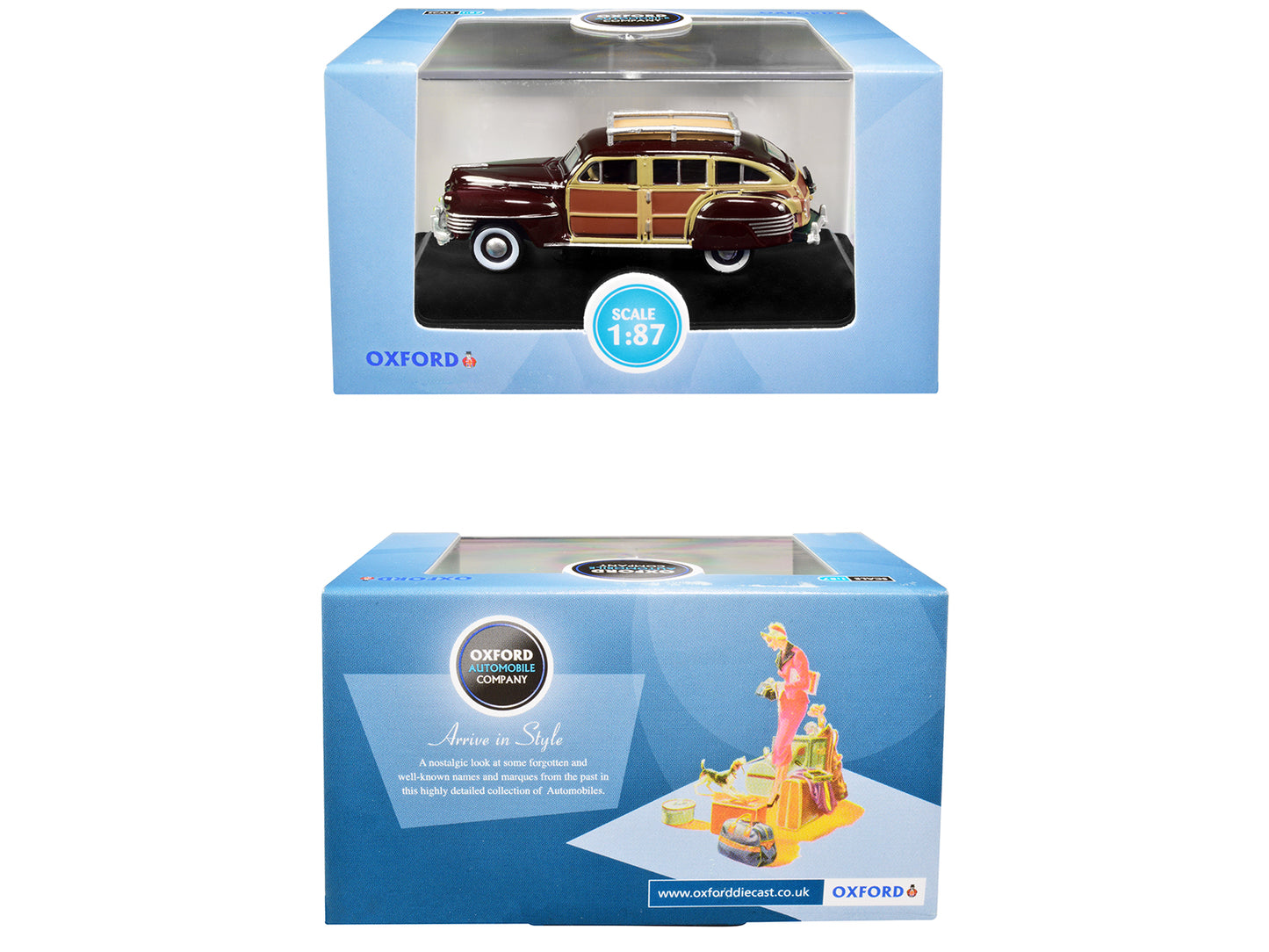 1942 Chrysler Town and Country Woody Wagon Regal Maroon with Roof Rack 1/87 (HO) Scale Diecast Model Car by Oxford Diecast-DiecastModeler.com