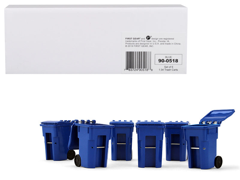 Set of 6 Blue Garbage Trash Bin Containers Replica 1/34 Models by First Gear-DiecastModeler.com