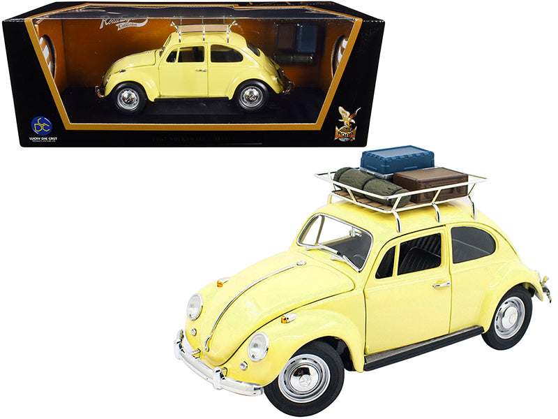 1967 Volkswagen Beetle with Roof Rack and Luggage Yellow 1/18 Diecast Model Car by Road Signature-DiecastModeler.com