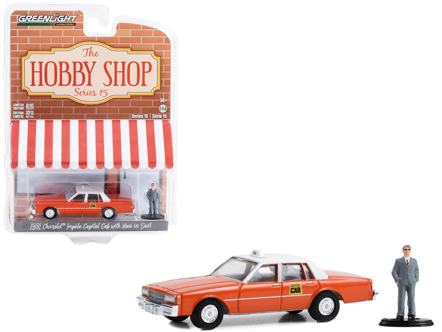 1981 Chevrolet Impala "Capitol Cab" Taxi Orange with White Top and Man in Suit Figure "The Hobby Shop" Series 15 1/64 Diecast Model Car by Greenlight-DiecastModeler.com