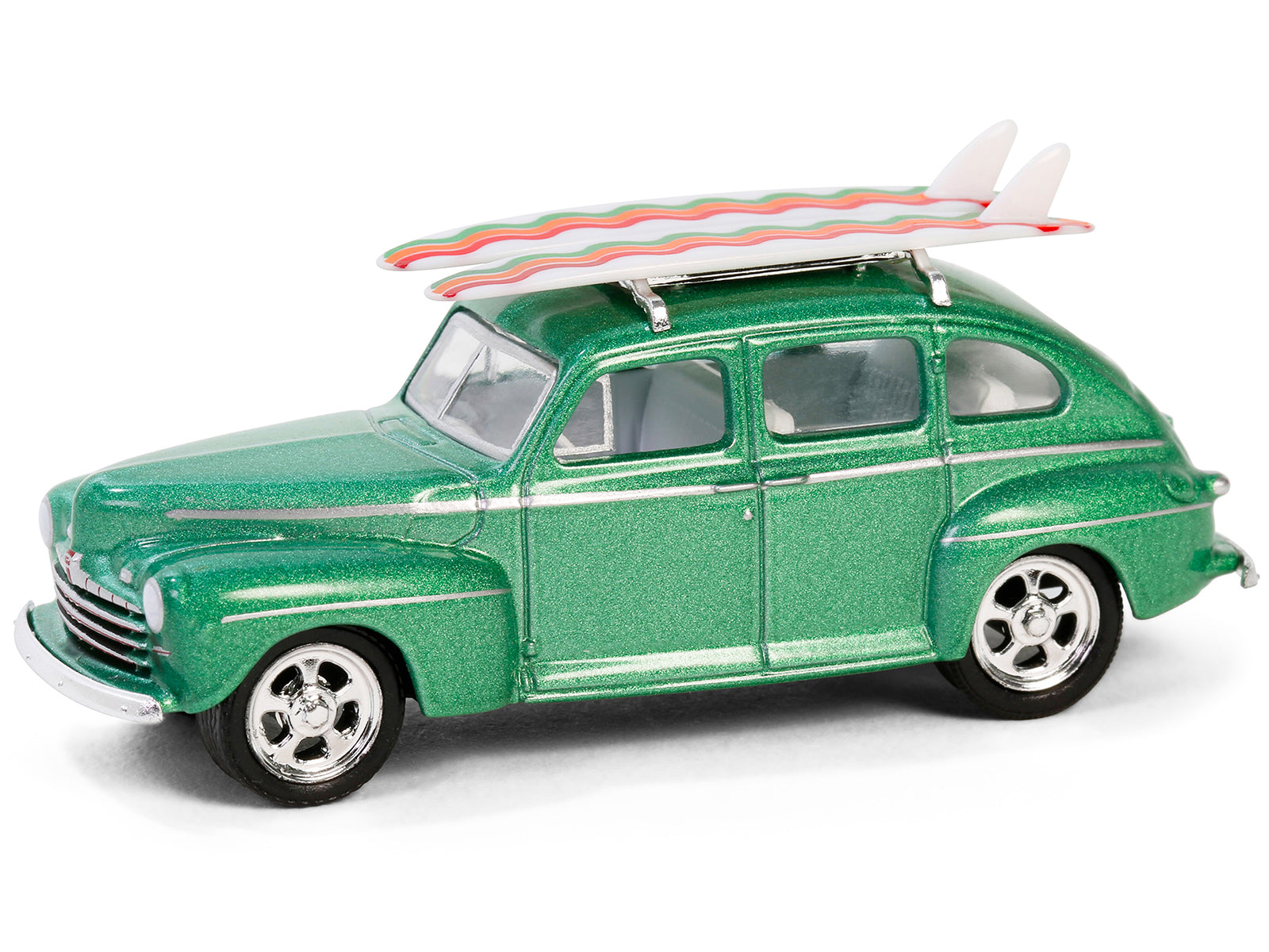 1946 Ford Fordor Super Deluxe Green Metallic with White Interior and Roof Rack with Surfboards "The Hobby Shop" Series 16 1/64 Diecast Model Car by Greenlight-DiecastModeler.com