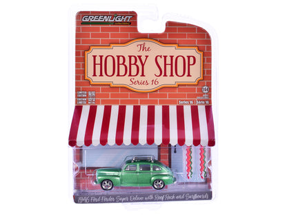 1946 Ford Fordor Super Deluxe Green Metallic with White Interior and Roof Rack with Surfboards "The Hobby Shop" Series 16 1/64 Diecast Model Car by Greenlight-DiecastModeler.com
